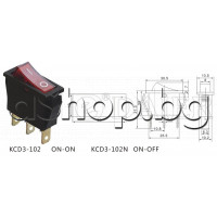 Ключ-кобиличен,250VAC/16A,единичен-1P,11x30x30мм,3-изв.AMP=6.3мм(светещ бутон) с I/O-червен