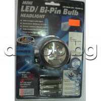 Мини фенерче за глава(с ремък)с 3-мини LED+ Bi-Pin bulb лампа,к-т с 3бр.R3/1.5V