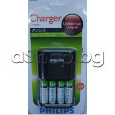 Автом.зар.у-во за NiMH акум.R3/R6 к-т с 4 бр.батерии R6/2450 mAh,вход 220VAC,Philips/SCB-1480NB