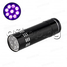 Мини фенерче с ултравиолетова светлина и 9- LED ,с черен алуминиев корпус d25x88мм,работи с 3бр.R3/1.5V батерий