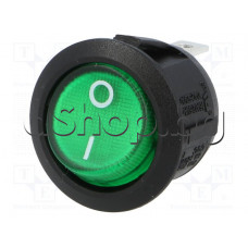 Кобиличен микроключ за панел,250VAC/10A,кръгъл d20.2x15 мм,3-изв.x4.8mm,SPST 2-пол.Off-On,зелен светещ