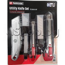 К-т 3 бр.макетни ножове с 3 бр.пълнители x10бр. за тях (33-1асти общо),Parkside Utility Knife Set 33pcs