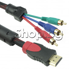 Кабел(само предавател-не е конвертор!!!) HDMI-A-мъжки куплунг към 3xRCA (чинча) мъжки куплунг - кат.1 - позлатен 1.8м,HQ DeTech