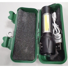 Мини фенерче акумулаторно  с  LED XPE+COB 3-режима на светене ,с черен алуминиев корпус  d21x91мм,с USB-B micro кабел за зареждане и каишка за ръка