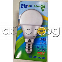 LED крушка бяла стандартна с едисонова резба 100-240V/5.5W=40W,470lm,4000K,цокъл E14/G45,ELS