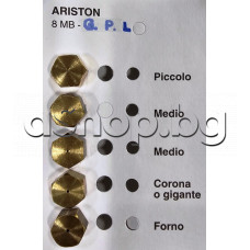 Дюзи кк-т 5бр. dPiccolo/2xMedio,Corona o gigante,Forno ,Резба 8MBx 0.75mm за течна битова газ-пропан бутан за газови плотове и готварски печки,Ariston