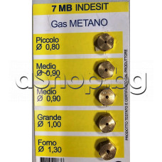 Дюзи к-т 5бр. d0.80/2x0.90/1.0/1.3mm ,Резба 7MBx 0.75mm за битова газ-метан(от мрежа) за газови плотове и готварски печки,Indesit