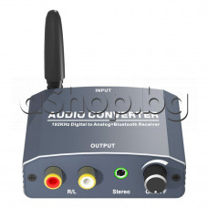 Аудио-конвертор за преобразуване от оптичен  аудио кабел Toslink/S/PFIF или Coaxial  към стандартен чинч RCA L/R ,3.5mm стерео жак и блутут приемник ,с външен адаптор