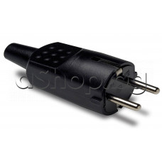 Щепсел тип шуко 250VAC/16A,2P+E черен пластмасов гумиран с предпазител за кабел,Spain ,model:1104