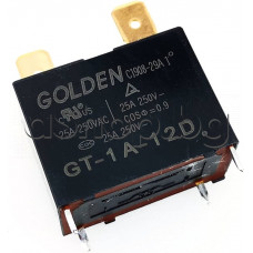Реле-електромагнитно DC12V/160om,250VAC/25A,H27x30.5x16mm,1-КГ(НО),4-изв.+2 каб.об.x6.35мм.растер-7.5мм,GT-1A-12D Golden C1308-13