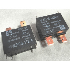 Реле електромагнитно DC12V/160om,250VAC/30VDC/25A,1-КГ(НО) SPNO,30x15.6xH23.3mm, 4-изв.за печ.монт.+2 каб.об.x 6.35mm,Meishuo MPY-S-112-A