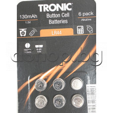 Алкална батерия LR44 1.55V 130mAh,d11.6x5.4mm,тип паричка за часовник и др.,Tronic